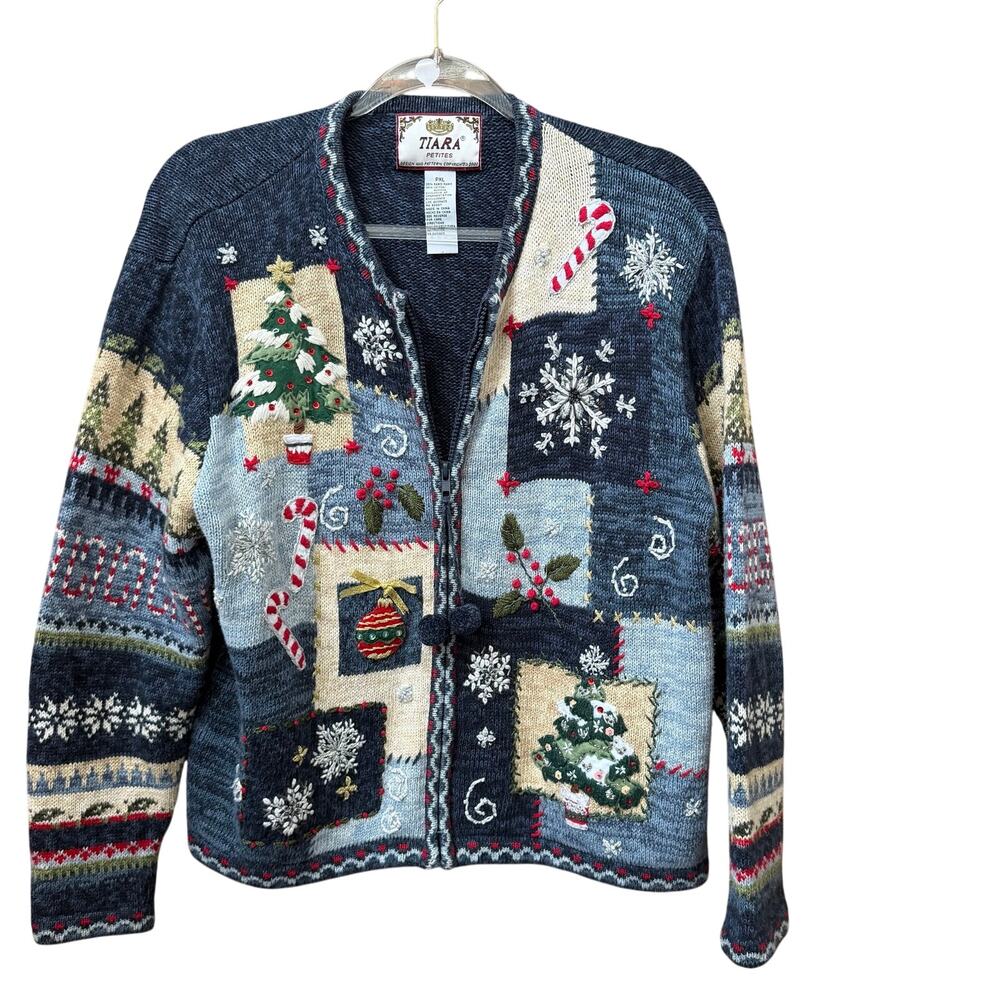 Tiara Vintage Knit Christmas Sweater Cardigan Pom Pom PXL Full Zip Ornaments